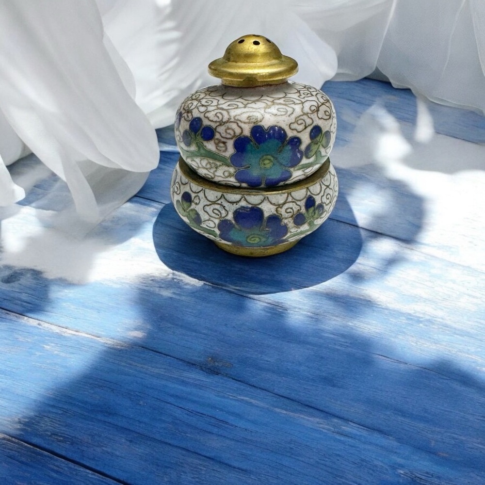 Blue Floral Cloisonné Salt and Pepper Shaker Cellar Vintage Stackable Brass